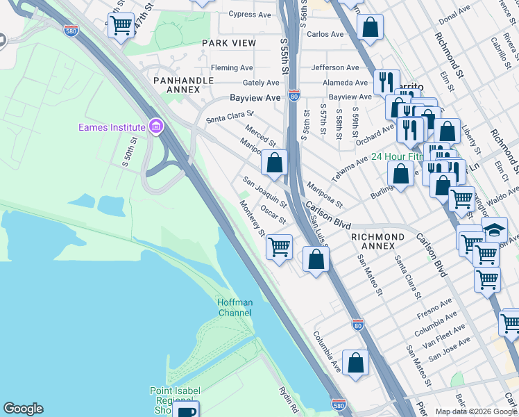 map of restaurants, bars, coffee shops, grocery stores, and more near 1548 Monterey Street in Richmond