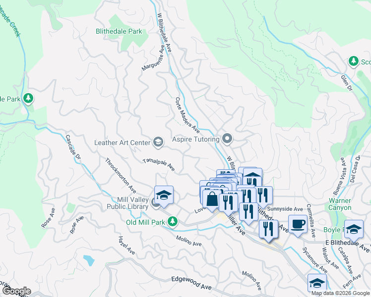 map of restaurants, bars, coffee shops, grocery stores, and more near 211 Summit Avenue in Mill Valley
