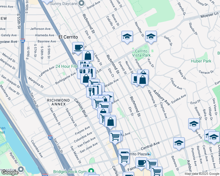 map of restaurants, bars, coffee shops, grocery stores, and more near 847 Liberty Street in El Cerrito