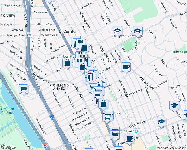 map of restaurants, bars, coffee shops, grocery stores, and more near 6403 Waldo Avenue in El Cerrito
