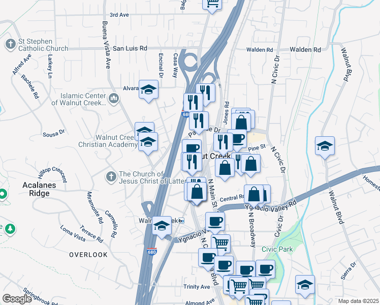 map of restaurants, bars, coffee shops, grocery stores, and more near 1600 Riviera Avenue in Walnut Creek