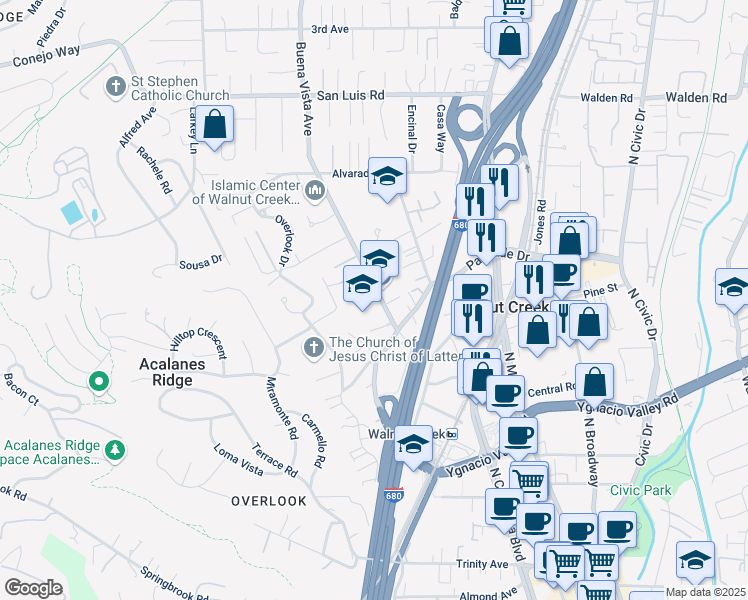 map of restaurants, bars, coffee shops, grocery stores, and more near 2336 Buena Vista Avenue in Walnut Creek