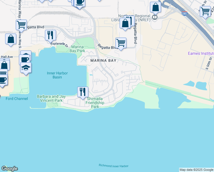 map of restaurants, bars, coffee shops, grocery stores, and more near 64 Shoreline Court in Richmond