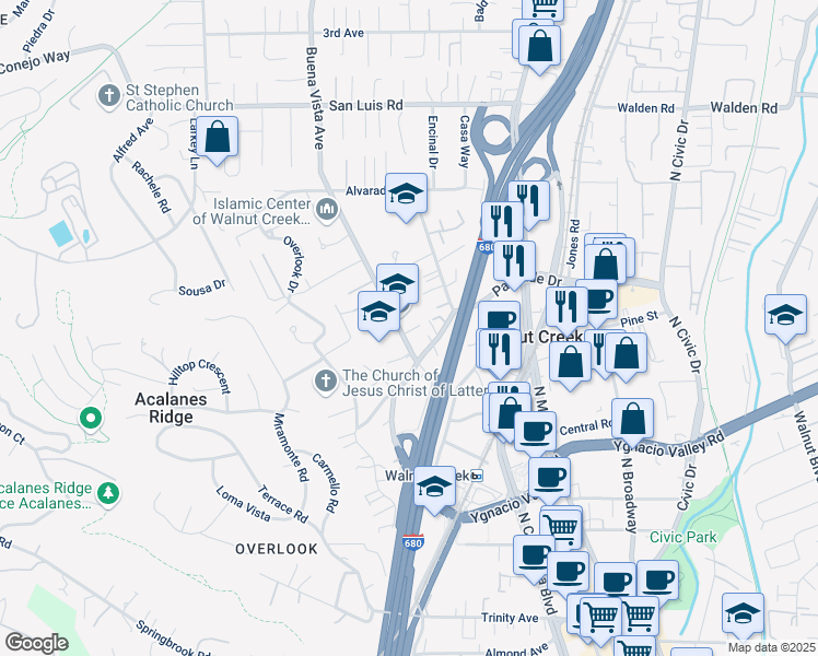 map of restaurants, bars, coffee shops, grocery stores, and more near 2334 Buena Vista Avenue in Walnut Creek