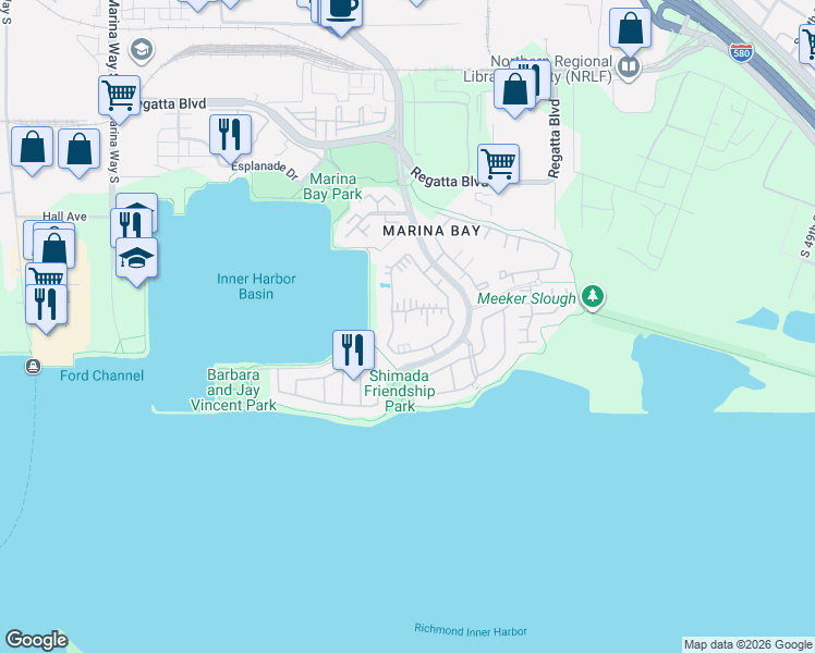 map of restaurants, bars, coffee shops, grocery stores, and more near 122 Lakeshore Court in Richmond