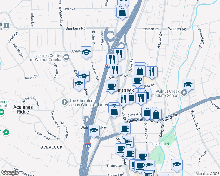 map of restaurants, bars, coffee shops, grocery stores, and more near 1605 Riviera Avenue in Walnut Creek