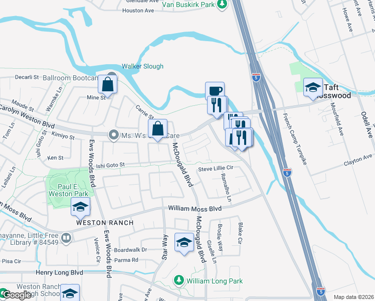 map of restaurants, bars, coffee shops, grocery stores, and more near 811 Queensland Circle in Stockton