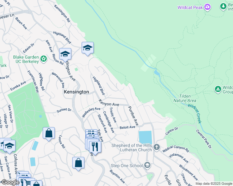 map of restaurants, bars, coffee shops, grocery stores, and more near 14 Garden Drive in Kensington