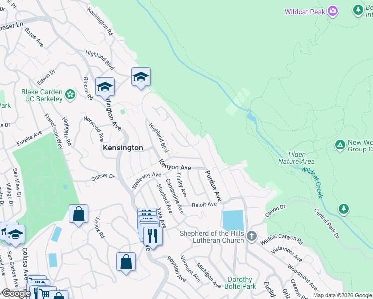 map of restaurants, bars, coffee shops, grocery stores, and more near 14 Garden Drive in Kensington