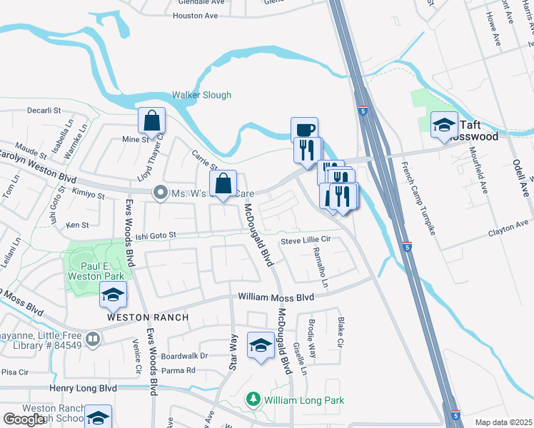map of restaurants, bars, coffee shops, grocery stores, and more near 811 Queensland Circle in Stockton