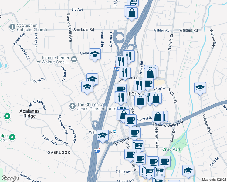 map of restaurants, bars, coffee shops, grocery stores, and more near 1600 Riviera Avenue in Walnut Creek