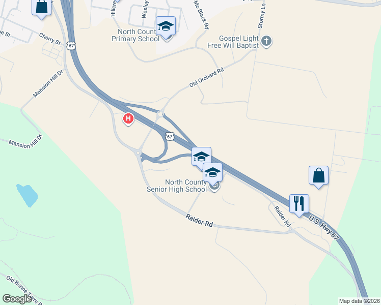 map of restaurants, bars, coffee shops, grocery stores, and more near 7030 Raider Road in Bonne Terre
