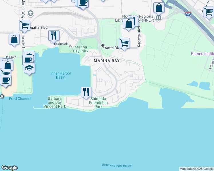 map of restaurants, bars, coffee shops, grocery stores, and more near 79 Lakeshore Court in Richmond