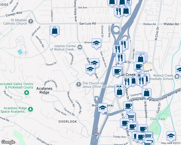 map of restaurants, bars, coffee shops, grocery stores, and more near 2343 Buena Vista Avenue in Walnut Creek
