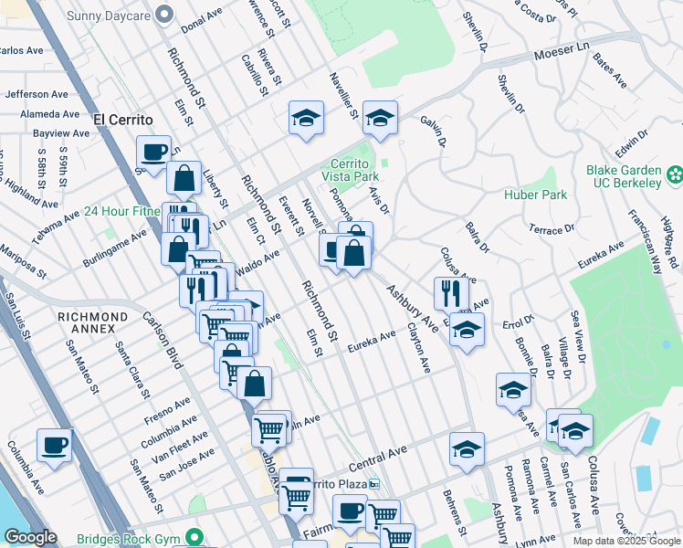 map of restaurants, bars, coffee shops, grocery stores, and more near 827 Norvell Street in El Cerrito