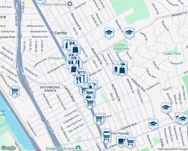 map of restaurants, bars, coffee shops, grocery stores, and more near 6626 Waldo Avenue in El Cerrito