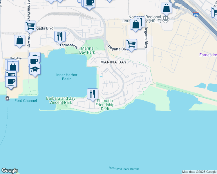 map of restaurants, bars, coffee shops, grocery stores, and more near 112 Shoreline Court in Richmond