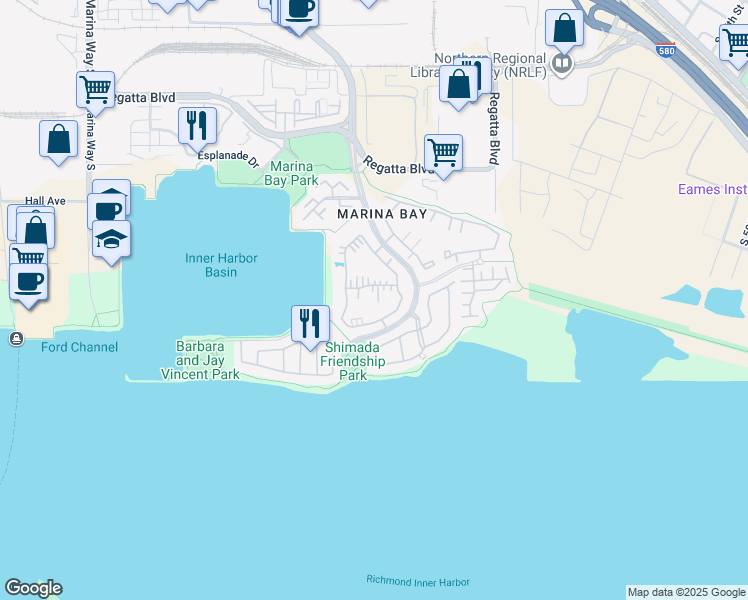 map of restaurants, bars, coffee shops, grocery stores, and more near 96 Lakeshore Court in Richmond