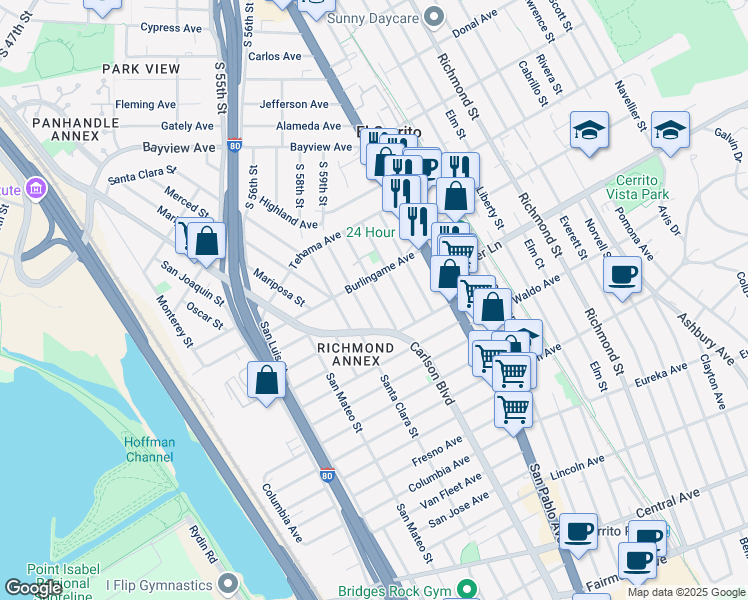 map of restaurants, bars, coffee shops, grocery stores, and more near 1735 Shasta Street in Richmond
