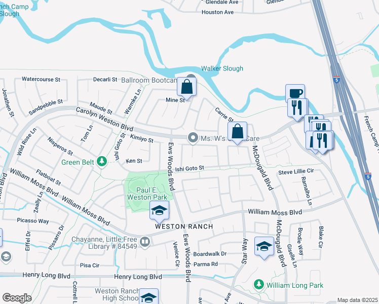 map of restaurants, bars, coffee shops, grocery stores, and more near 1133 Brick and Tile Circle in Stockton