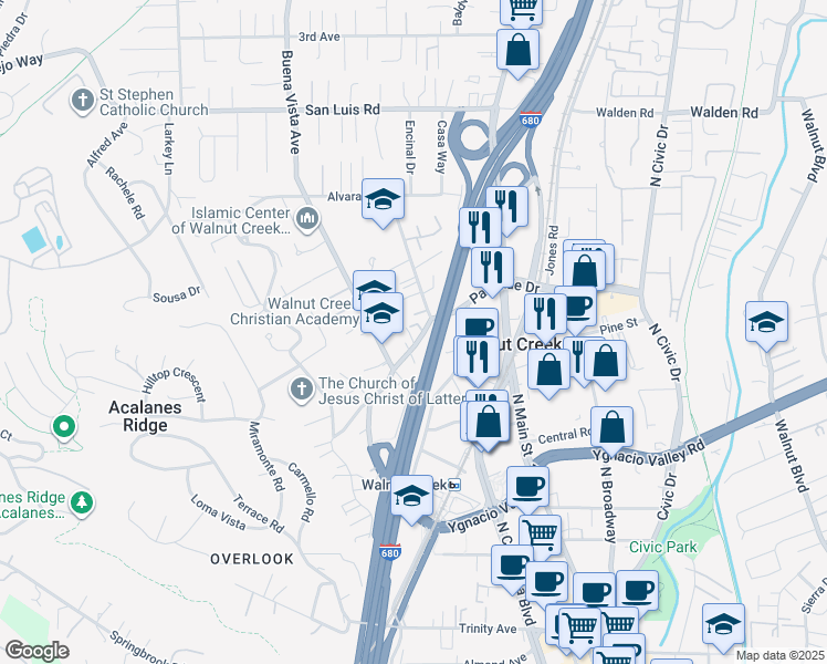 map of restaurants, bars, coffee shops, grocery stores, and more near 1656 Parkside Drive in Walnut Creek