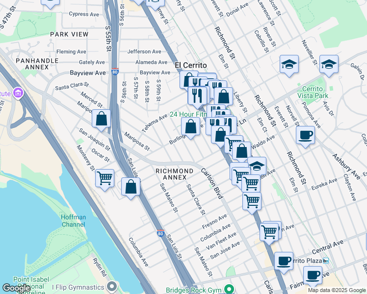 map of restaurants, bars, coffee shops, grocery stores, and more near 1735 Shasta Street in Richmond
