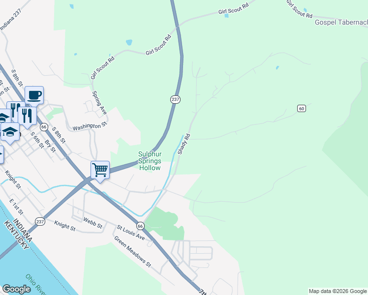 map of restaurants, bars, coffee shops, grocery stores, and more near 4840-4896 Shady Road in Cannelton