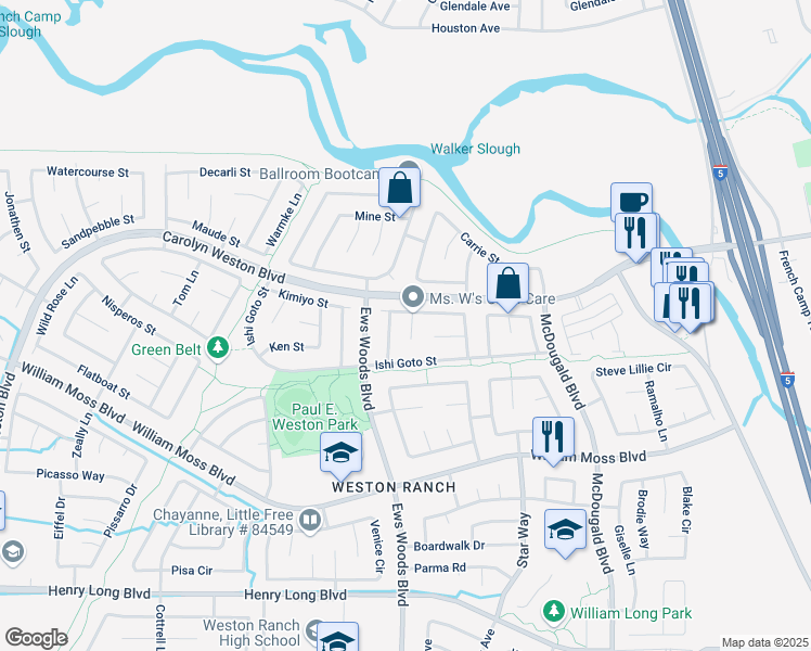 map of restaurants, bars, coffee shops, grocery stores, and more near 1133 Brick and Tile Circle in Stockton