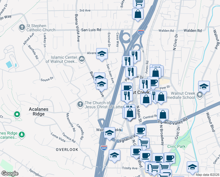 map of restaurants, bars, coffee shops, grocery stores, and more near 1656 Parkside Drive in Walnut Creek