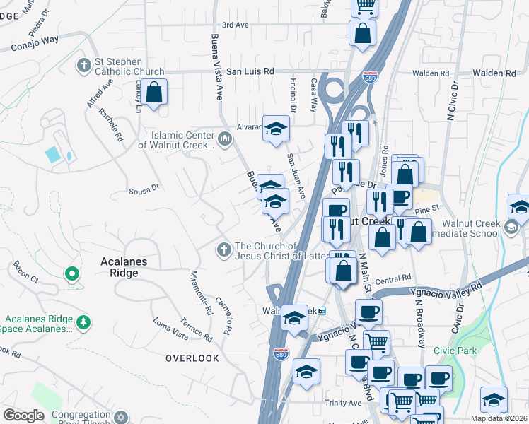 map of restaurants, bars, coffee shops, grocery stores, and more near 711 Picnic Lane in Walnut Creek