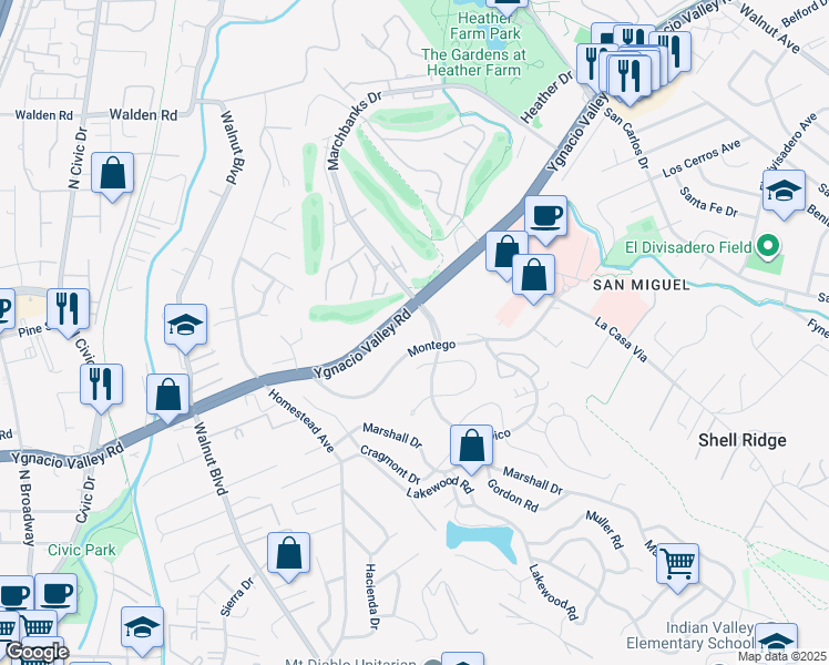 map of restaurants, bars, coffee shops, grocery stores, and more near 1399 Ygnacio Valley Road in Walnut Creek