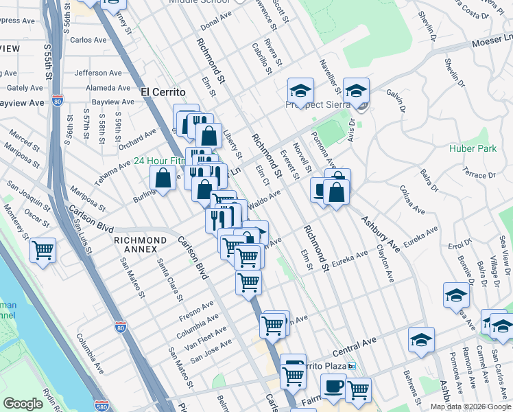 map of restaurants, bars, coffee shops, grocery stores, and more near 6542 Waldo Avenue in El Cerrito