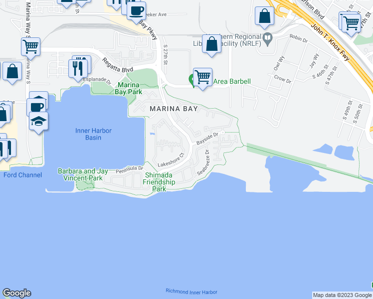 map of restaurants, bars, coffee shops, grocery stores, and more near 46 Lakeshore Court in Richmond