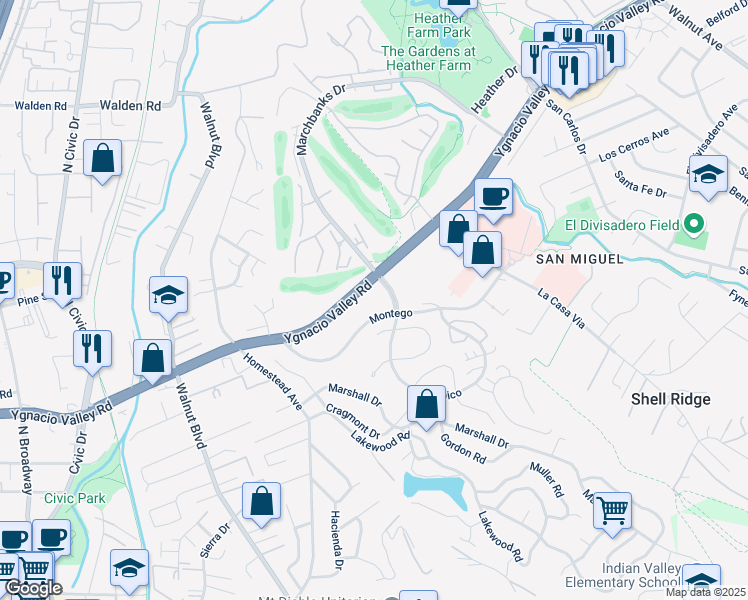 map of restaurants, bars, coffee shops, grocery stores, and more near 1399 Ygnacio Valley Road in Walnut Creek