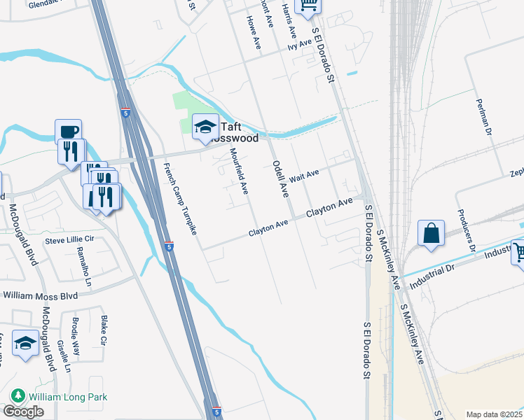 map of restaurants, bars, coffee shops, grocery stores, and more near 3648 Mourfield Avenue in Stockton