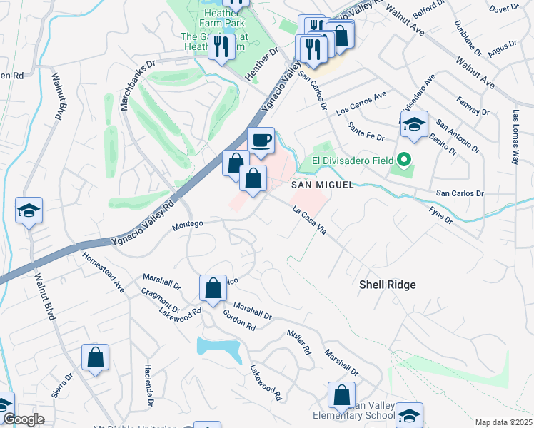 map of restaurants, bars, coffee shops, grocery stores, and more near 130 La Casa Via in Walnut Creek