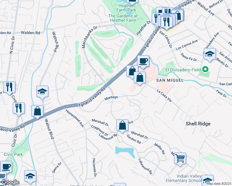 map of restaurants, bars, coffee shops, grocery stores, and more near 1400 Montego in Walnut Creek