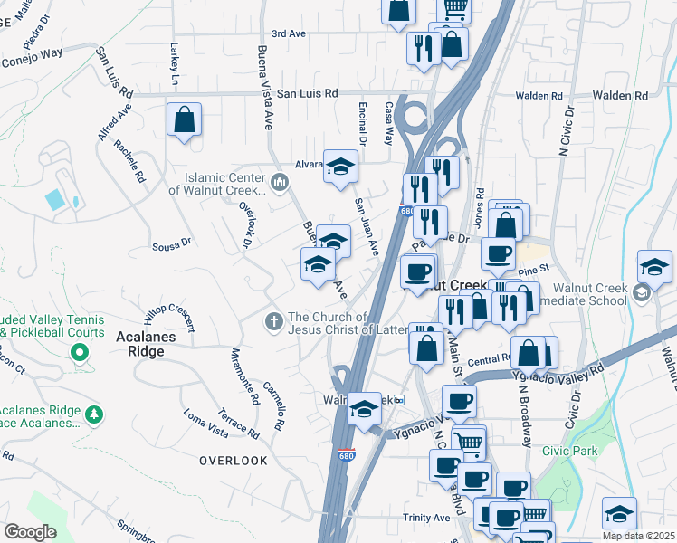 map of restaurants, bars, coffee shops, grocery stores, and more near 2336 Buena Vista Avenue in Walnut Creek