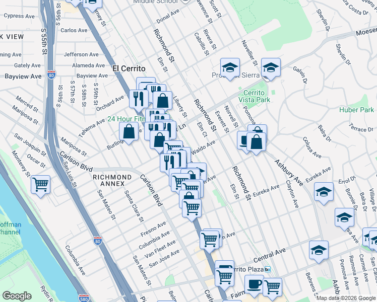 map of restaurants, bars, coffee shops, grocery stores, and more near 917 Liberty Street in El Cerrito