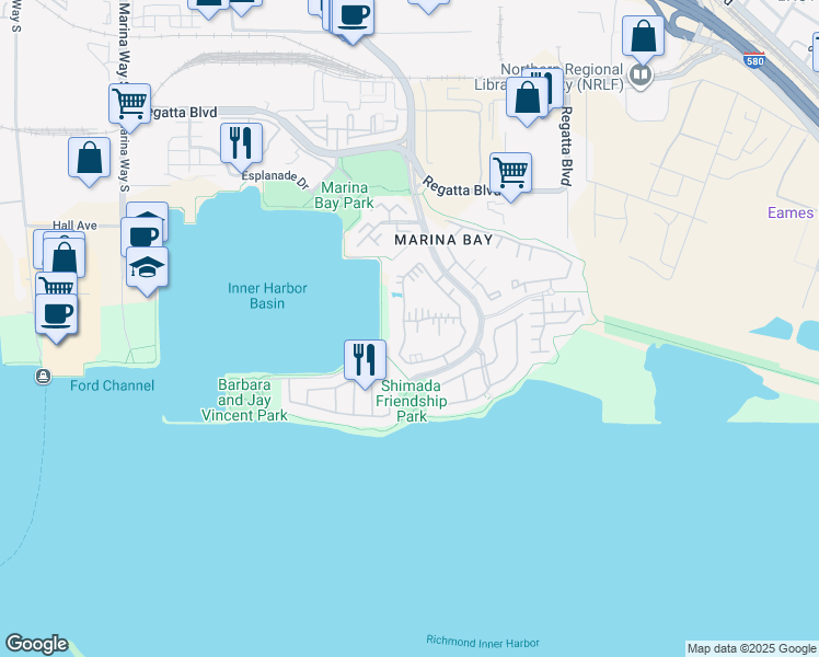 map of restaurants, bars, coffee shops, grocery stores, and more near 112 Shoreline Court in Richmond