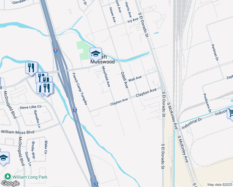 map of restaurants, bars, coffee shops, grocery stores, and more near 3648 Mourfield Avenue in Stockton