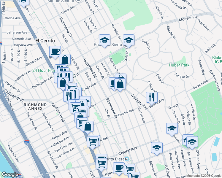 map of restaurants, bars, coffee shops, grocery stores, and more near 827 Norvell Street in El Cerrito