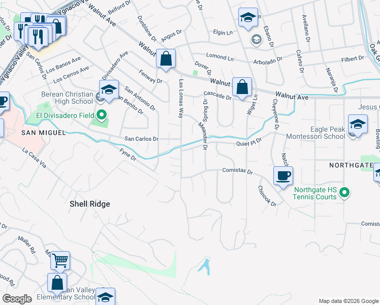 map of restaurants, bars, coffee shops, grocery stores, and more near 2024 Quiet Place Drive in Walnut Creek