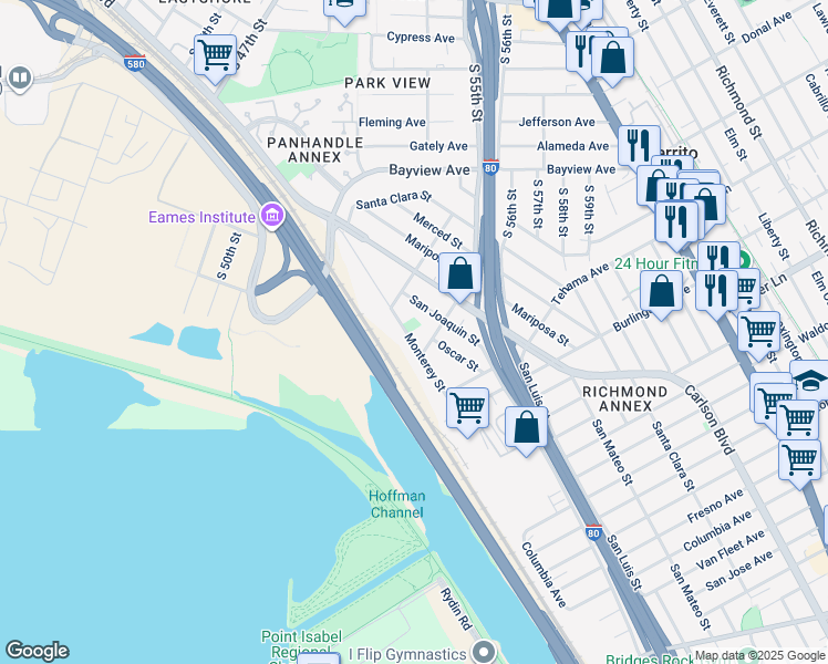 map of restaurants, bars, coffee shops, grocery stores, and more near 1454 Monterey Street in Richmond