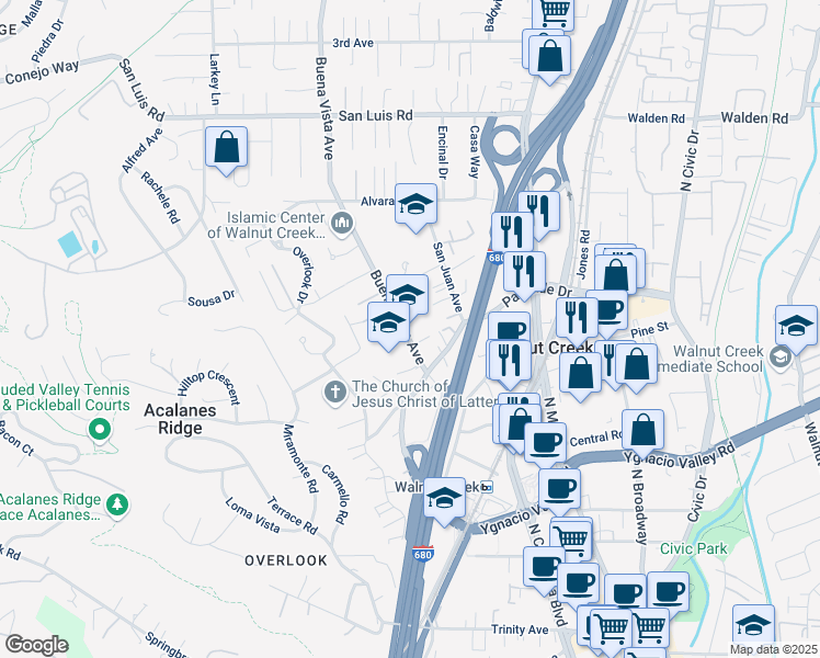 map of restaurants, bars, coffee shops, grocery stores, and more near 2336 Buena Vista Avenue in Walnut Creek