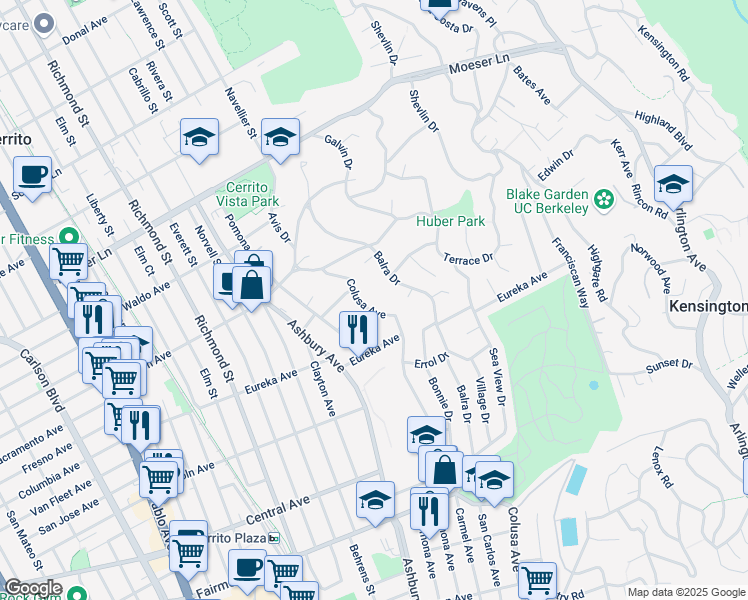 map of restaurants, bars, coffee shops, grocery stores, and more near 748 Colusa Avenue in El Cerrito