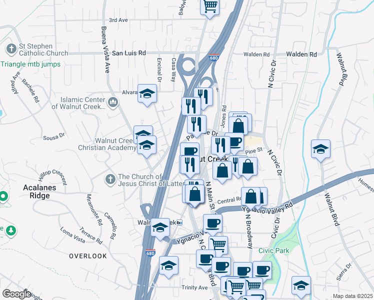map of restaurants, bars, coffee shops, grocery stores, and more near 1600 Riviera Avenue in Walnut Creek