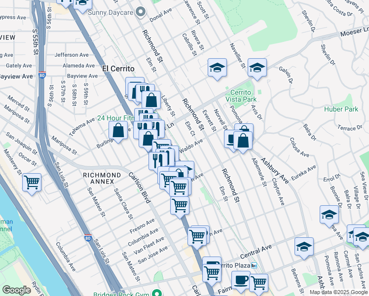 map of restaurants, bars, coffee shops, grocery stores, and more near 917 Liberty Street in El Cerrito