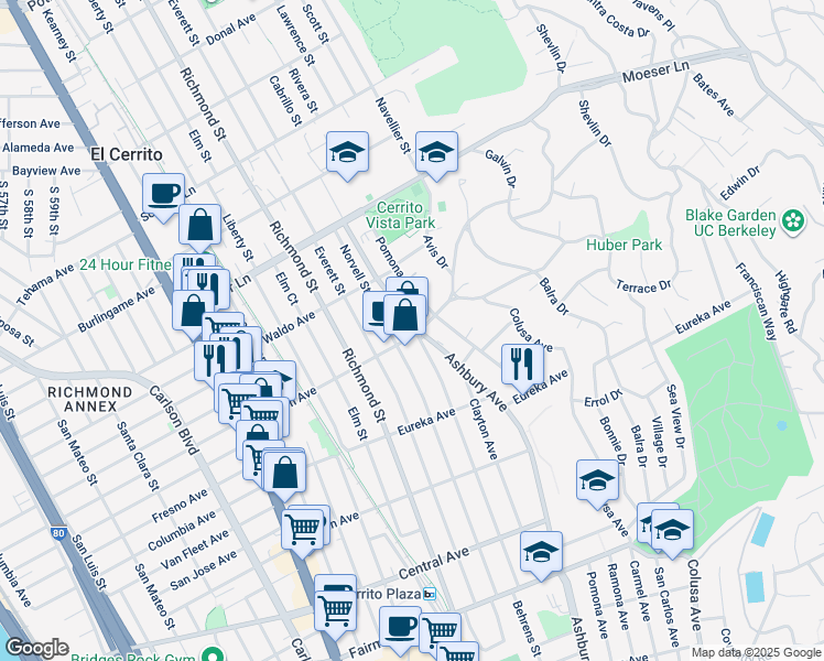 map of restaurants, bars, coffee shops, grocery stores, and more near 7029 Stockton Avenue in El Cerrito