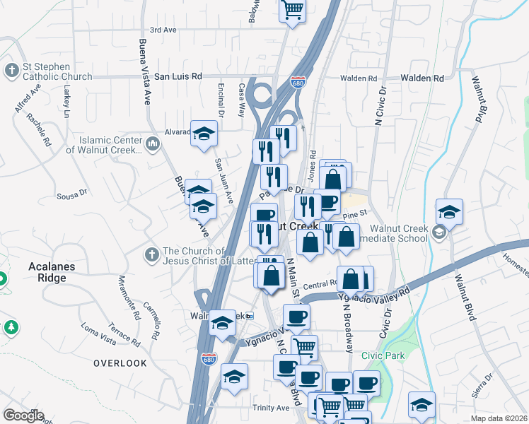 map of restaurants, bars, coffee shops, grocery stores, and more near 1600 Riviera Avenue in Walnut Creek
